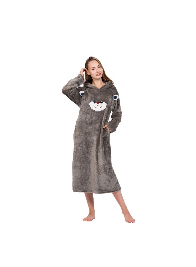 Women's teddy bear-themed nightgown with soft fur, hood, and pockets - a women's nightgown made from the finest fur, embroidered maxi